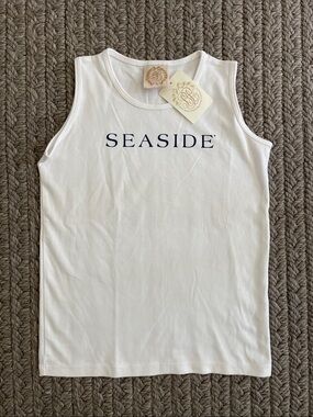 The Beaufort Bonnet Company White Tank Top with Navy 'SEASIDE' size 8